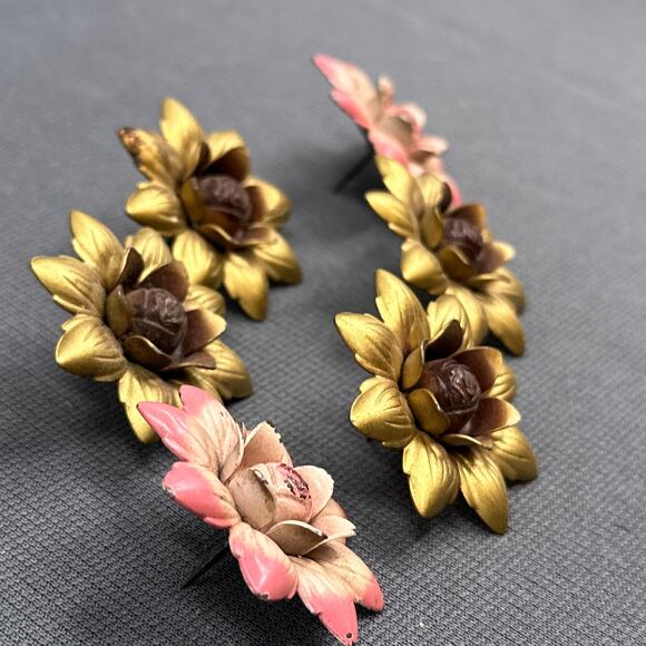 VTG Curtain Tie Backs Floral Push Pin Tack Button Flower Gold Pink Metal Lot 6 - Picture 5 of 14
